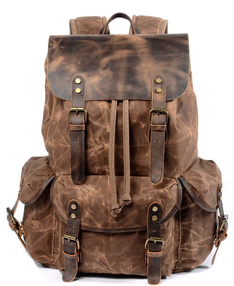 WUDON Leather Backpack for Men, Waxed Canvas Shoulder Rucksack Carry-On Travel Backpack - Image 1